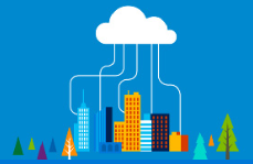 an image of buildings and links to the cloud - Microsofts logo for increased productivity